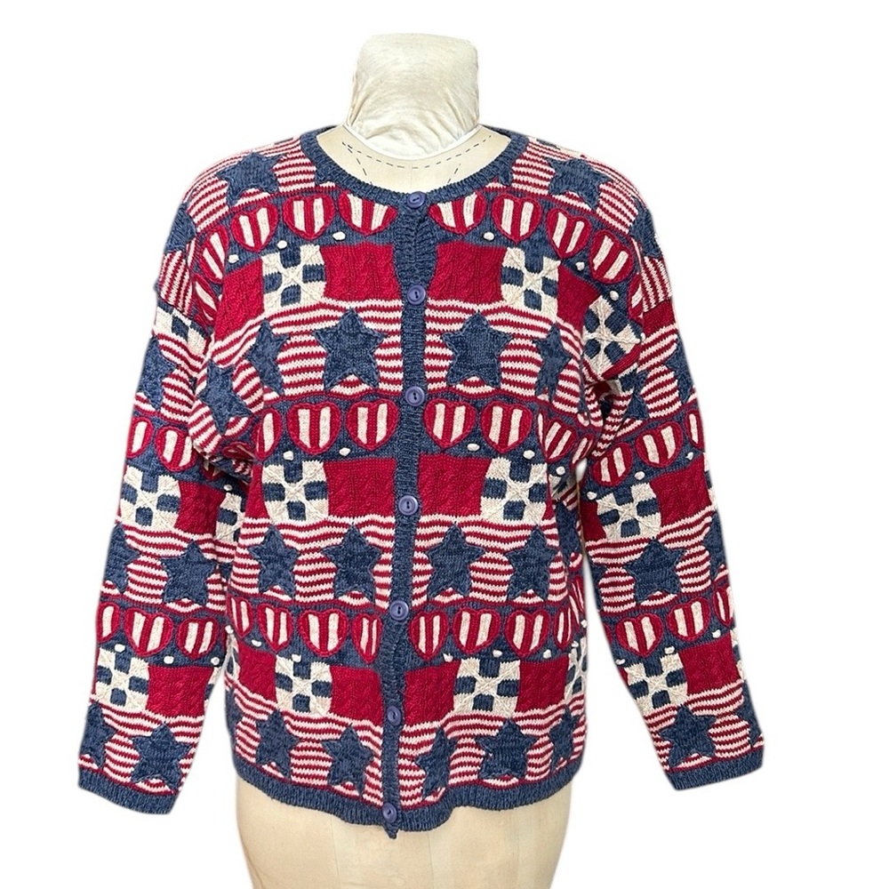 Vintage Talbots Patriotic American Flag Cardigan‎ Embroidered Red White Blue L